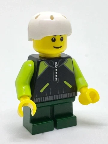Garçon, veste noire et vert citron avec fermeture à glissière, courtes jambes vert foncé, casque blanc (Boy, Black and Lime Jacket with Zipper, Short Dark Green Legs, White Helmet)
