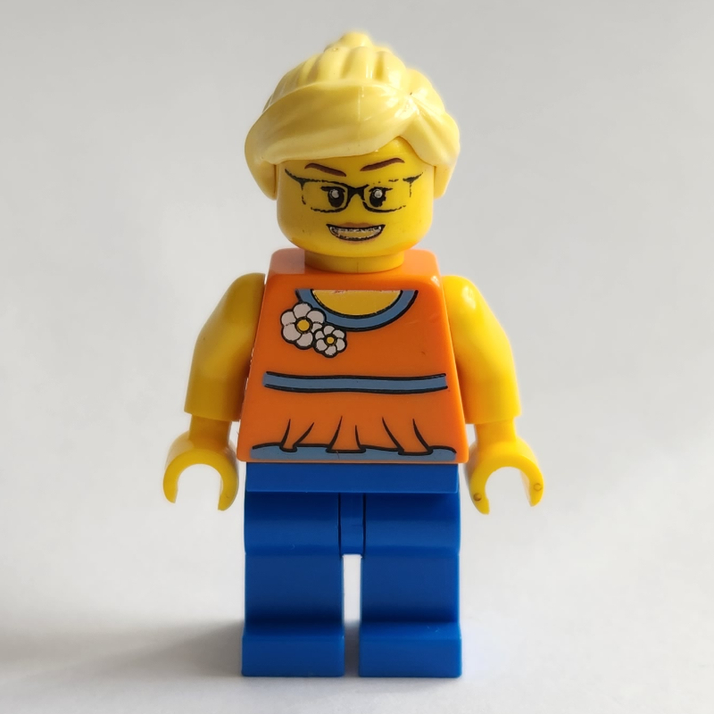 Femme, licou orange avec des fleurs, jambes bleues, cheveux jaune clair lumineux, lunettes (Woman, Orange Halter Top with Flowers, Blue Legs, Bright Light Yellow Hair, Glasses)
