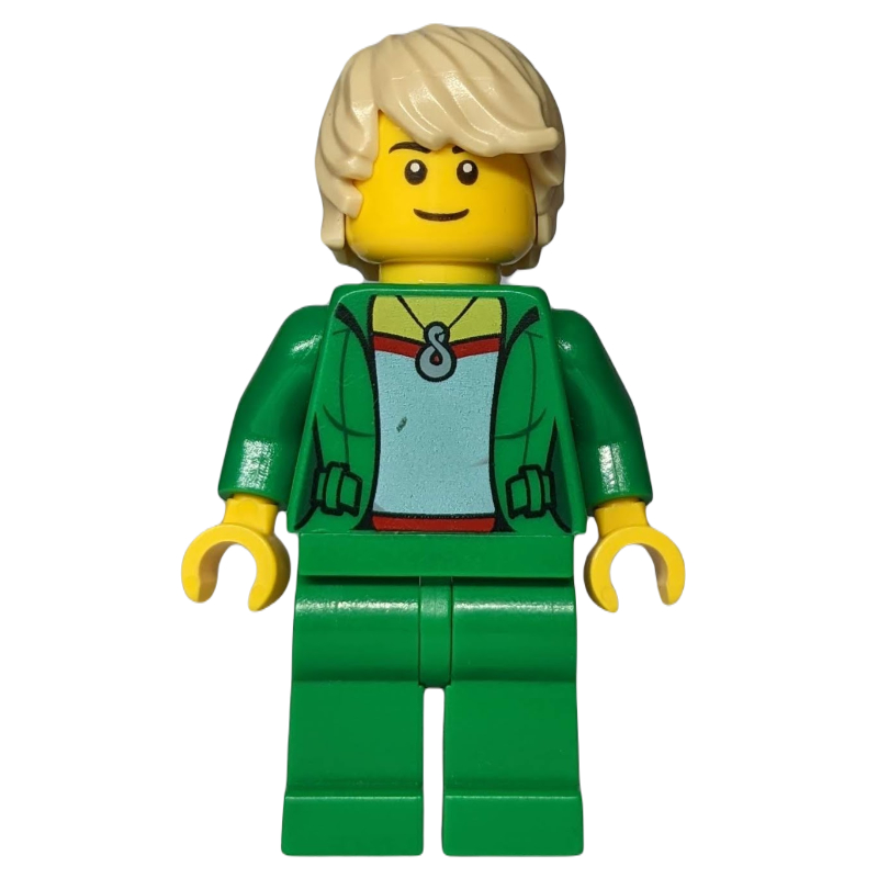 Femme, veste verte ouverte avec collier, cheveux beiges (Woman, Open Green Jacket with Necklace, Tan Hair)