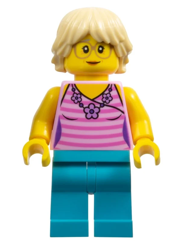 Femme, haut rayé rose foncé avec collier de fleurs, azur moyen, cheveux beige, lunettes (Woman, Dark Pink Striped Top with Flower Necklace, Medium Azure, Tan Hair, Glasses)