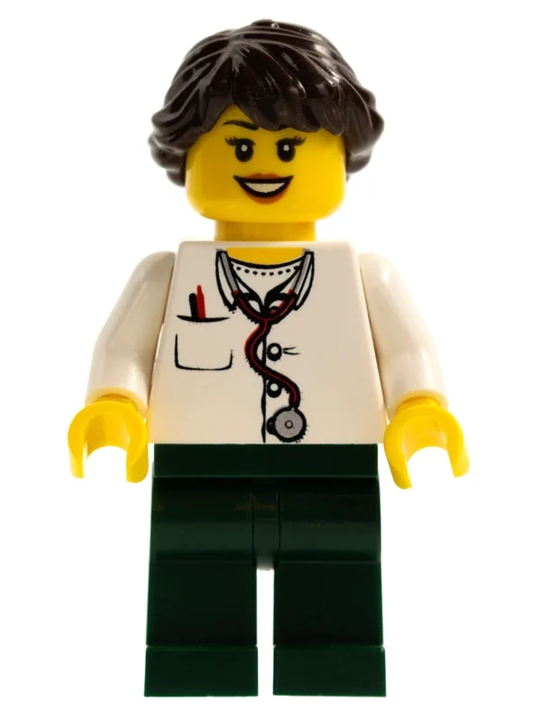 Médecin, femme, torse blanc avec stéthoscope et poche, jambes vert foncé, cheveux brun foncé (Doctor, Woman, White Torso with Stethoscope and Pocket, Dark Green Legs, Dark Brown Hair)