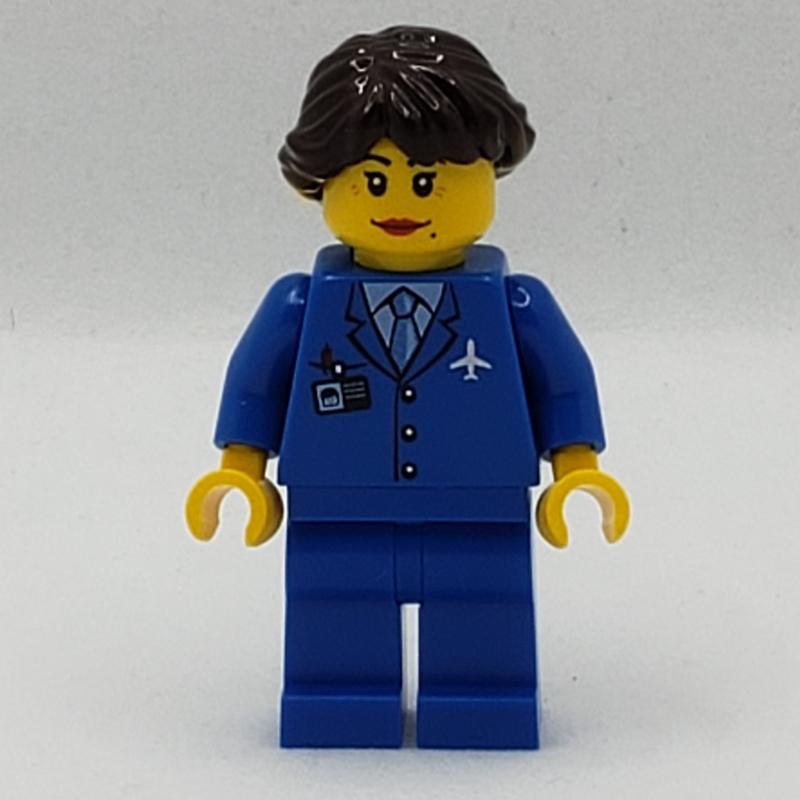 Pilote, femme, veste bleue avec logo avion et cravate bleue, jambes bleues, cheveux brun foncé (Pilot, Woman, Blue Jacket with Plane Logo and Blue Tie, Blue Legs, Dark Brown Hair)
