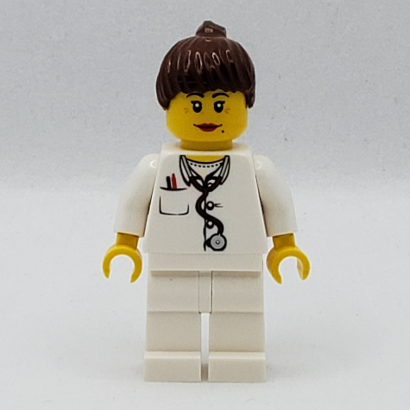 Médecin, femme, torse blanc avec stéthoscope et poche, jambes blanches, queue de cheval brun foncé (Doctor, Woman, White Torso with Stethoscope and Pocket, White Legs, Dark Brown Ponytail)