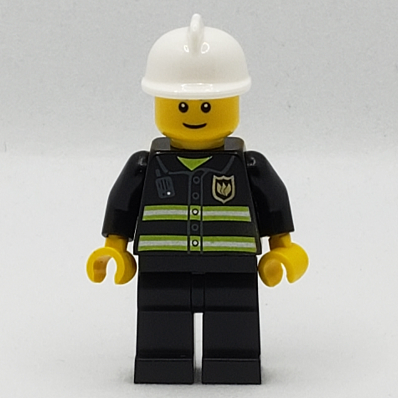 Pompier, veste de feu noir avec radio et badge, casque blanc, sourcils bruns rougeâtres (3626b tête) (Fireman, Black Fire Jacket with Radio and Badge, White Helmet, Reddish Brown Eyebrows (3626b Head))