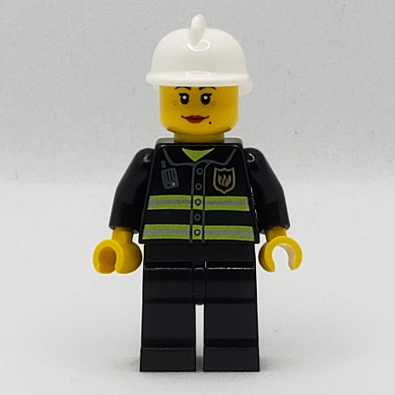 Pompière, veste de feu noir avec radio et badge, casque blanc (Firewoman, Black Fire Jacket with Radio and Badge, White Helmet)