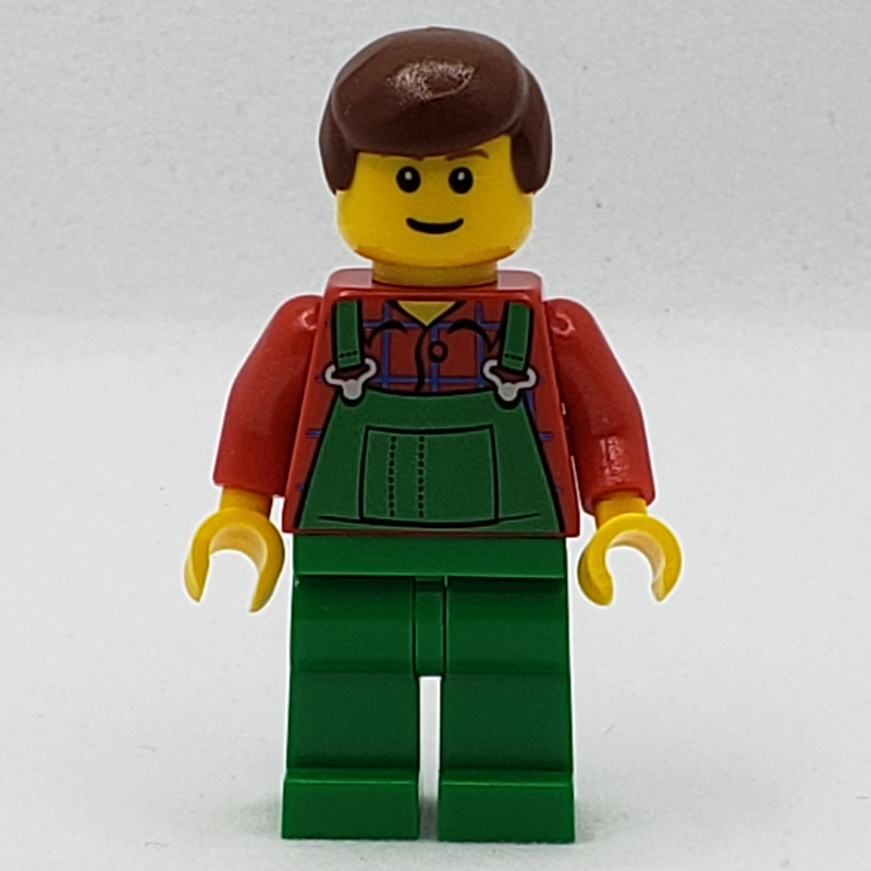 Homme, salopette verte sur chemise rouge, cheveux brun rougeâtre, sourcils brun rougeâtre (Man, Green Overalls over Red Shirt, Reddish Brown Hair, Reddish Brown Eyebrows)
