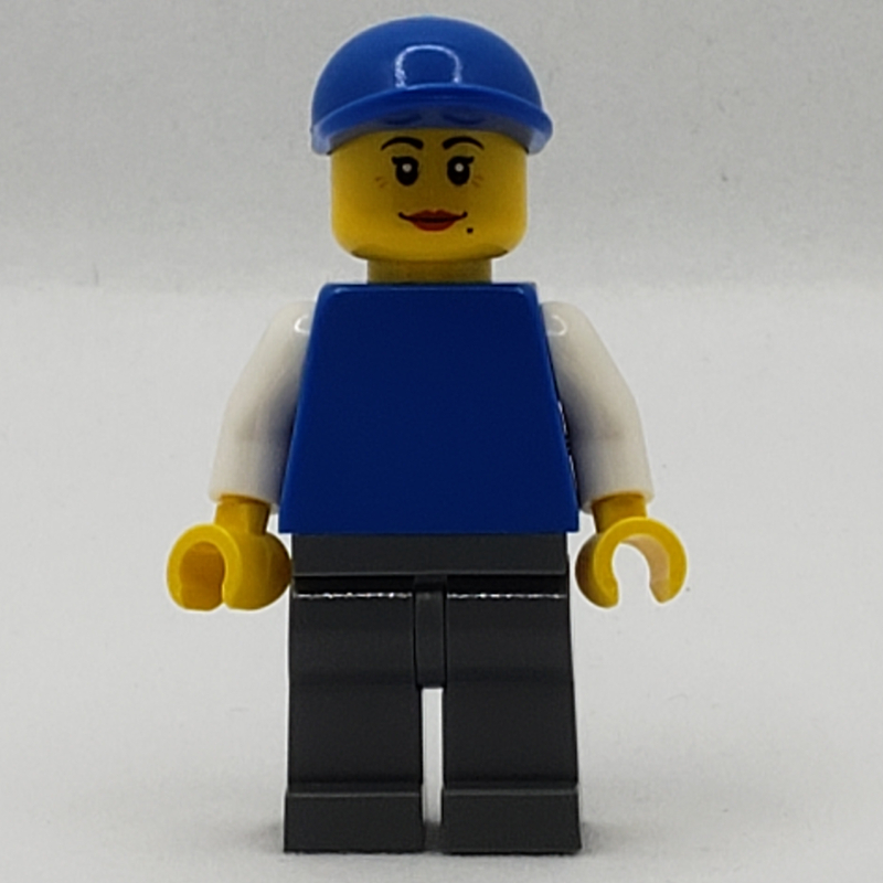 Femme, torse bleu uni, jambes gris bleuté foncé, casquette bleue (Woman, Plain Blue Torso, Dark Bluish Gray Legs, Blue Cap)