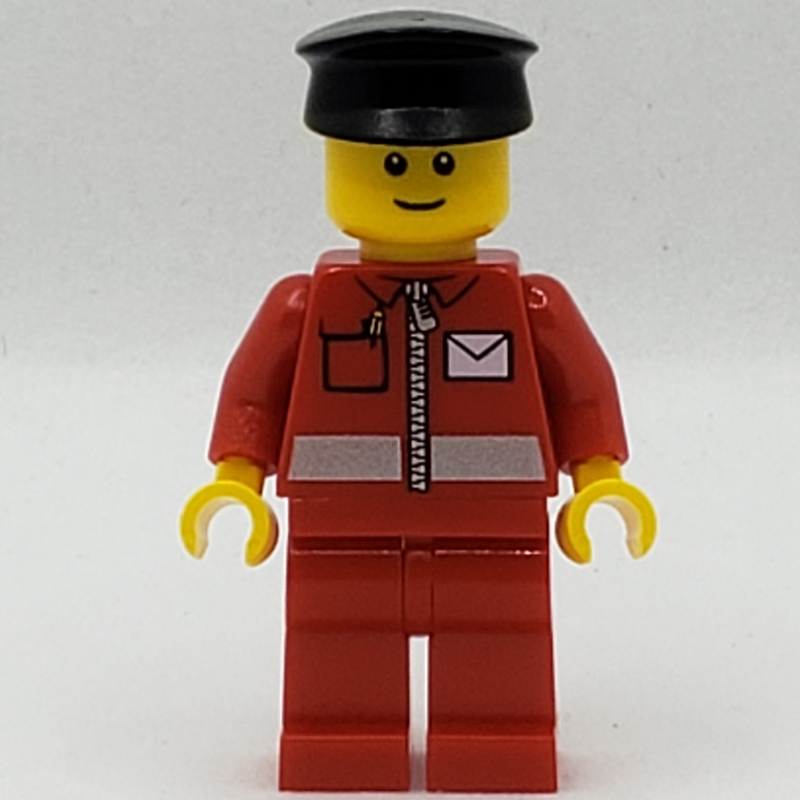 Postier, veste rouge avec fermeture à glissière et logo lettre, jambes rouges, casquette noire, sourcils brun rougeâtre (Postal Worker, Red Jacket with Zipper and Letter Logo, Red Legs, Black Cap, Reddish Brown Eyebrows)