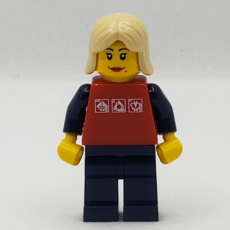 Femme, chemise rouge avec bras bleu foncé, jambes bleu foncé, cheveux beiges (Woman, Red Shirt with Dark Blue Arms, Dark Blue Legs, Tan Hair)