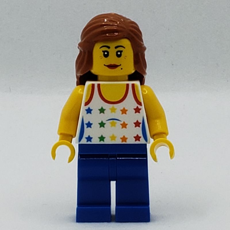 Femme, débardeur avec des étoiles de couleur arc-en-ciel, jambes bleues, cheveux orange foncé (Woman, Tank Top with Rainbow Colored Stars, Blue Legs, Dark Orange Hair)