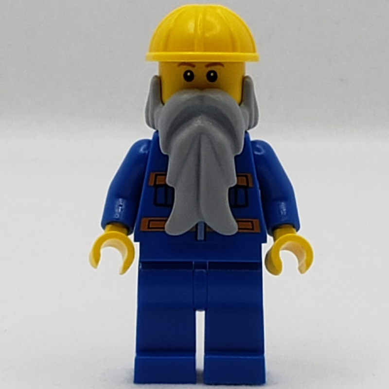 Homme, veste bleue avec rayures orange, jambes bleues, casque de chantier jaune, barbe gris bleuté clair, sourcils brun rougeâtre (Man, Blue Jacket with Orange Stripes, Blue Legs, Yellow Hard Hat, Light Bluish Gray Beard, Reddish Brown Eyebrows)