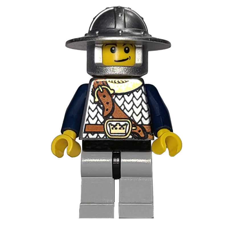 Chevalier, armure avec bandoulière, jambes gris bleuté clair, casque à grand bord (Knight, Armor with Shoulder Strap, Light Bluish Gray Legs, Wide Brimmed Helmet)