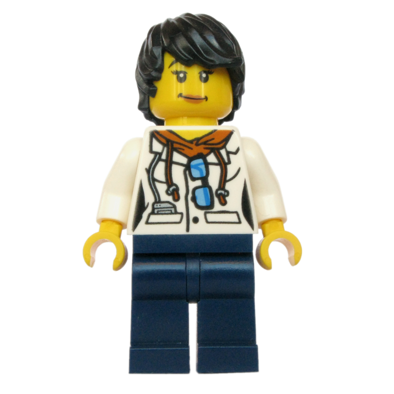 Scientifique, femme, veste blanche sur sweat à capuche avec lunettes de soleil, jambes bleu foncé, cheveux noirs (Scientist, Woman, White Jacket over Hoodie with Sunglasses, Dark Blue Legs, Black Hair)