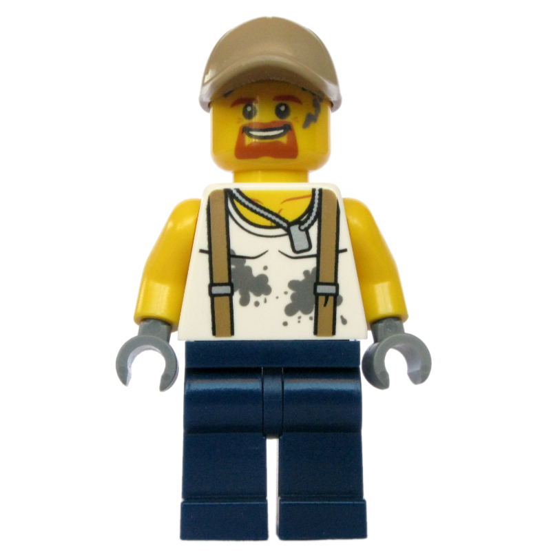 Mécanicien, chemise blanche sale avec bretelles, jambes bleu foncé, casquette beige foncé, bouc (Mechanic, Dirty White Shirt with Suspenders, Dark Blue Legs, Dark Tan Cap, Goatee Beard)