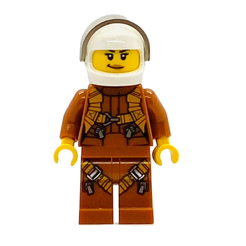 Pilote, femme, combinaison orange foncé, casque blanc avec visière (Pilot, Woman, Dark Orange Jumpsuit, White Helmet with Visor)