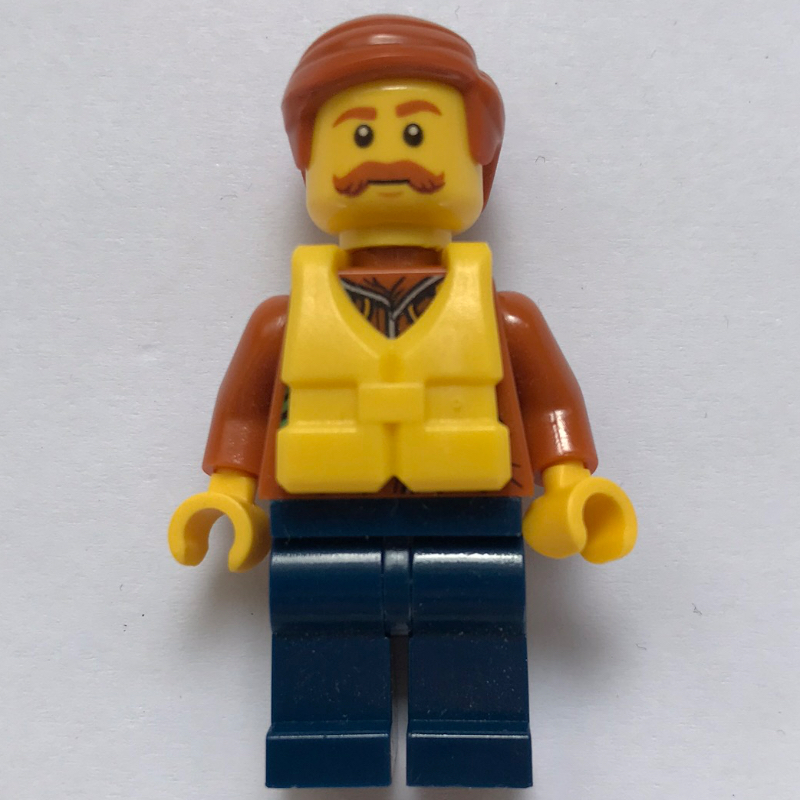 Explorateur, veste avec pochettes, radio et corde, cheveux orange foncé, gilet de sauvetage jaune, moustache (Explorer, Jacket with Pouches, Radio, and Rope, Dark Orange Hair, Yellow Life Vest, Moustache)
