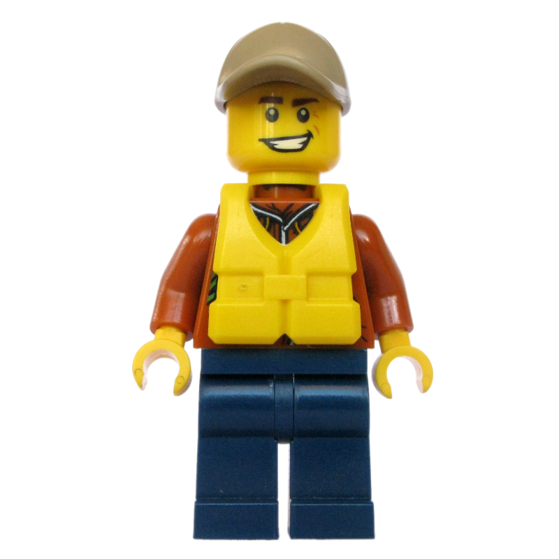 Explorateur, veste avec pochettes, radio et corde, casquette beige foncé, gilet de sauvetage jaune (Explorer, Jacket with Pouches, Radio, and Rope, Dark Tan Cap, Yellow Life Vest)