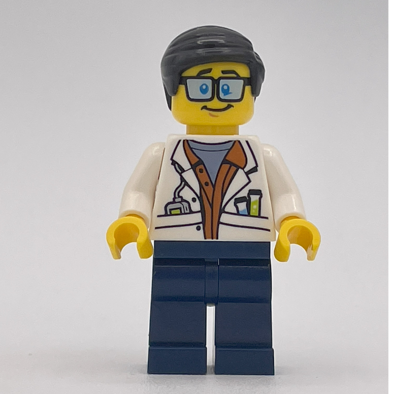 Scientifique, veste blanche ouverte sur chemise orange foncé, jambes bleu foncé, cheveux noirs soignés, lunettes (Scientist, Open White Jacket over Dark Orange Shirt, Dark Blue Legs, Neat Black Hair, Glasses)