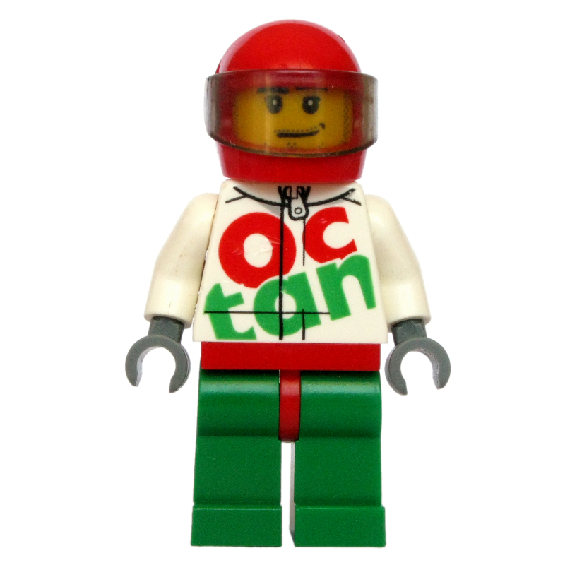 Pilote de course, combinaison blanche et verte avec grande inscription 'Octan', casque rouge avec visière, barbe naissante (Racer, White and Green Jumpsuit with Large 'Octan', Red Helmet with Visor, Stubble)