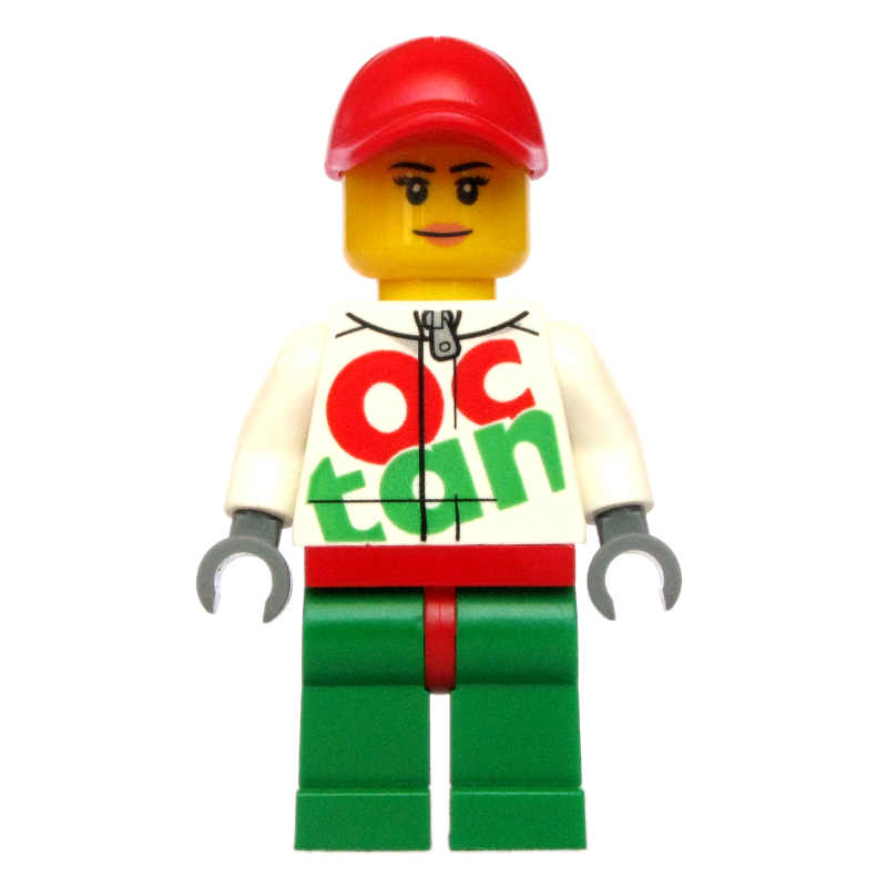 Pilote de course, femme, combinaison blanche et verte avec grande inscription 'Octan', casquette rouge (Racer, Woman, White and Green Jumpsuit with Large 'Octan', Red Cap)