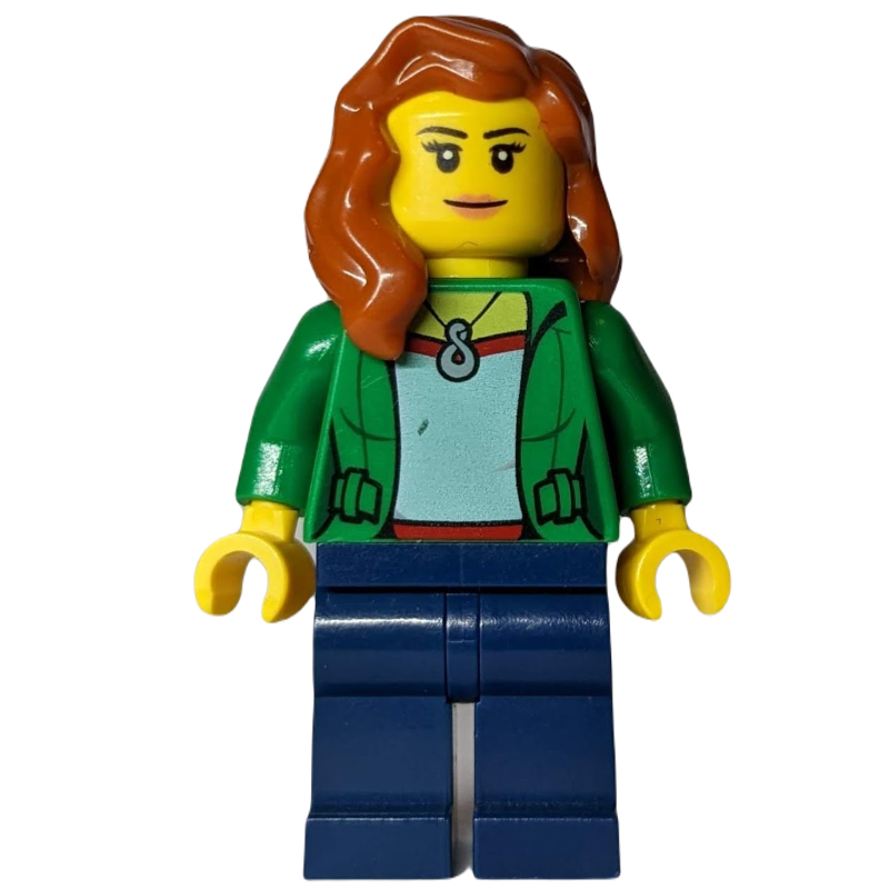 Femme, veste verte ouverte avec collier, cheveux orange foncé (Woman, Open Green Jacket with Necklace, Dark Orange Hair)