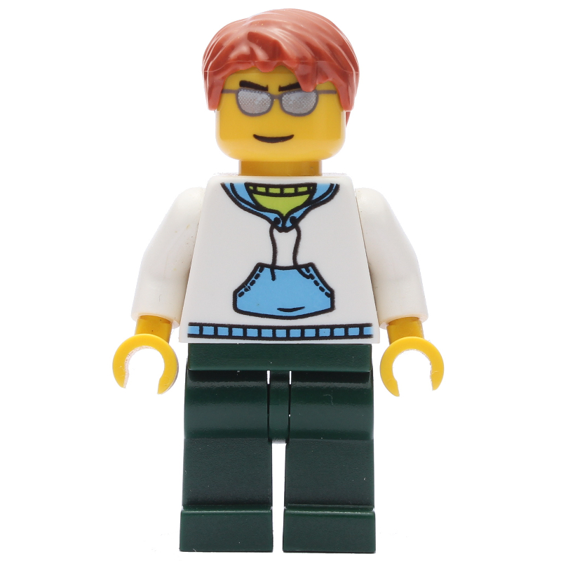 Homme, sweat à capuche blanc et bleu, jambes vert foncé, cheveux orange foncé, lunettes de soleil (Man, White and Blue Hoodie, Dark Green Legs, Dark Orange Hair, Sunglasses)