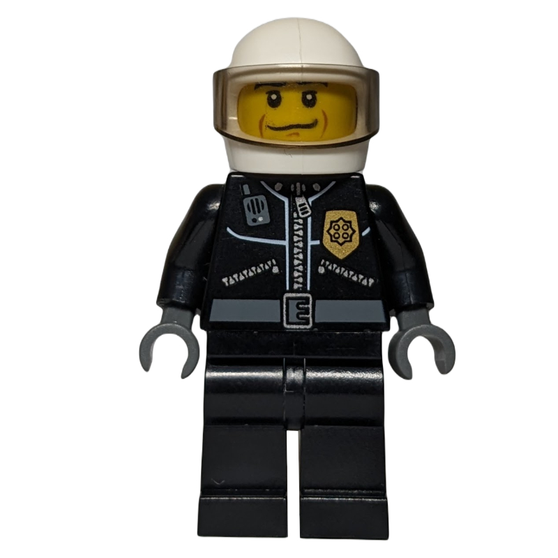 Policier, veste noire avec fermeture éclair, radio et badge, casque blanc et visière (Policeman, Black Jacket with Zipper, Radio, and Badge, White Helmet and Visor)