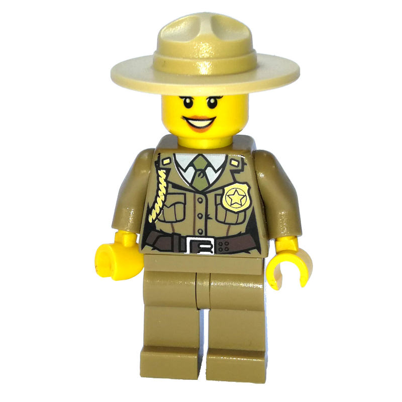 Police forestière / ranger, femme, chemise beige foncée avec cravate et badge vert olive, jambes beige foncé, chapeau de campagne beige (Forest Police / Ranger, Woman, Dark Tan Shirt with Olive Green Tie and Badge, Dark Tan Legs, Tan Campaign Hat)