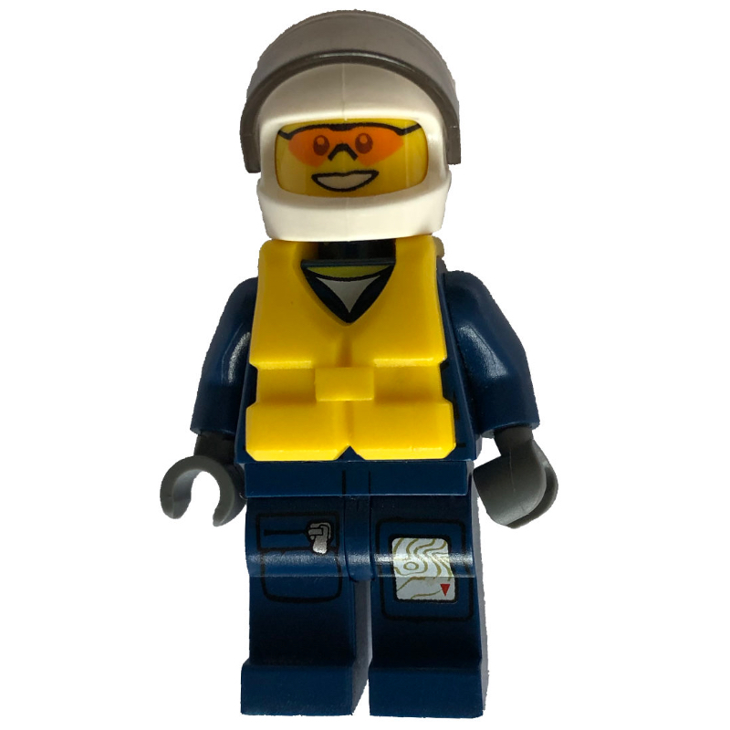 Policier, veste bleu foncé avec poches et badge, casque blanc avec visière, gilet de sauvetage jaune, lunettes de soleil orange (Policeman, Dark Blue Jacket with Pockets and Badge, White Helmet with Visor, Yellow Life Vest, Orange Sunglasses)