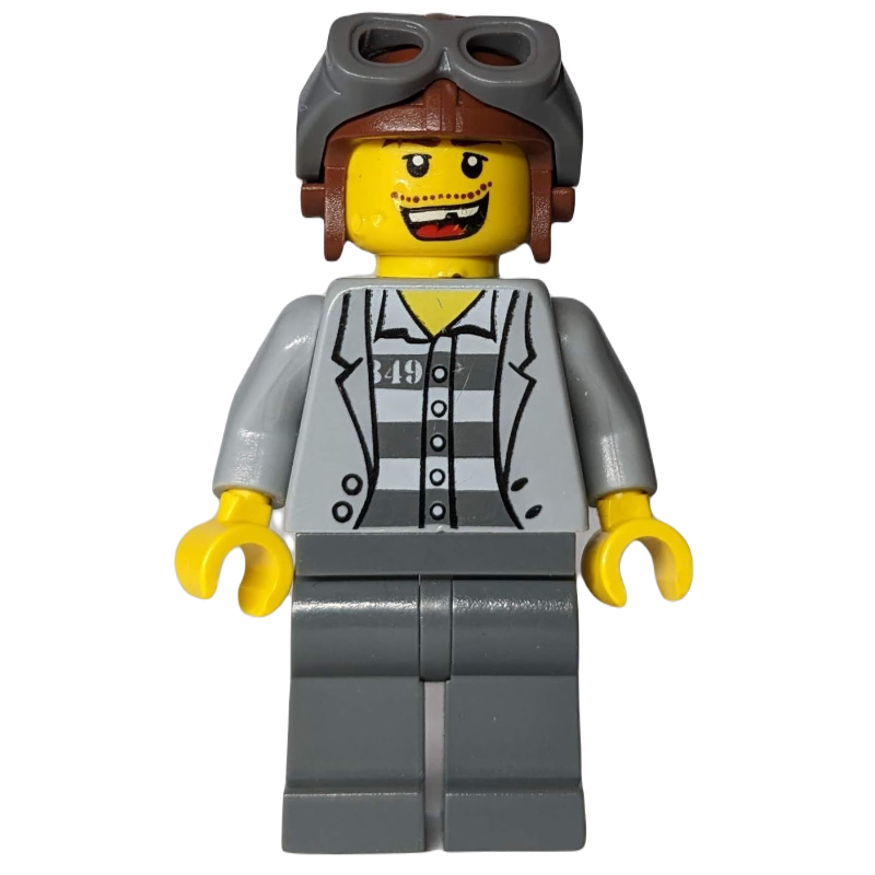 Bandit, ouvert veste gris bleuté clair sur la chemise de la prison, chapeau brun rougeâtre avec lunettes (Criminal, Open Light Bluish Gray Jacket over Prison Shirt, Reddish Brown Hat with Goggles)