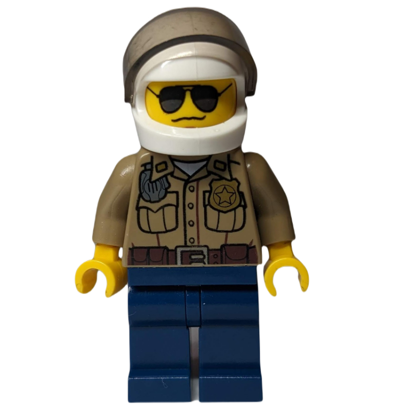 Police forestière / ranger, chemise beige foncé avec radio et badge, jambes bleu foncé, casque blanc avec visière, lunettes de soleil, tête 3626c (Forest Police / Ranger, Dark Tan Shirt with Radio and Badge, Dark Blue Legs, White Helmet with Visor, Sunglasses, 3626c Head)