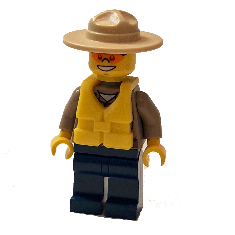 Police forestière / ranger, chemise beige foncé avec radio et badge, jambes bleu foncé, chapeau de campagne beige, gilet de sauvetage jaune, lunettes de soleil orange (Forest Police / Ranger, Dark Tan Shirt with Radio and Badge, Dark Blue Legs, Tan Campaign Hat, Yellow Life Vest, Orange Sunglasses)