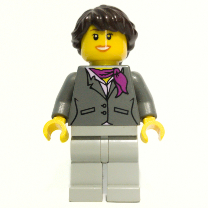 Femme, veste gris bleuté foncé avec écharpe magenta, jambes gris bleuté clair, cheveux brun foncé (Woman, Dark Bluish Gray Jacket with Magenta Scarf, Light Bluish Gray Legs, Dark Brown Hair)