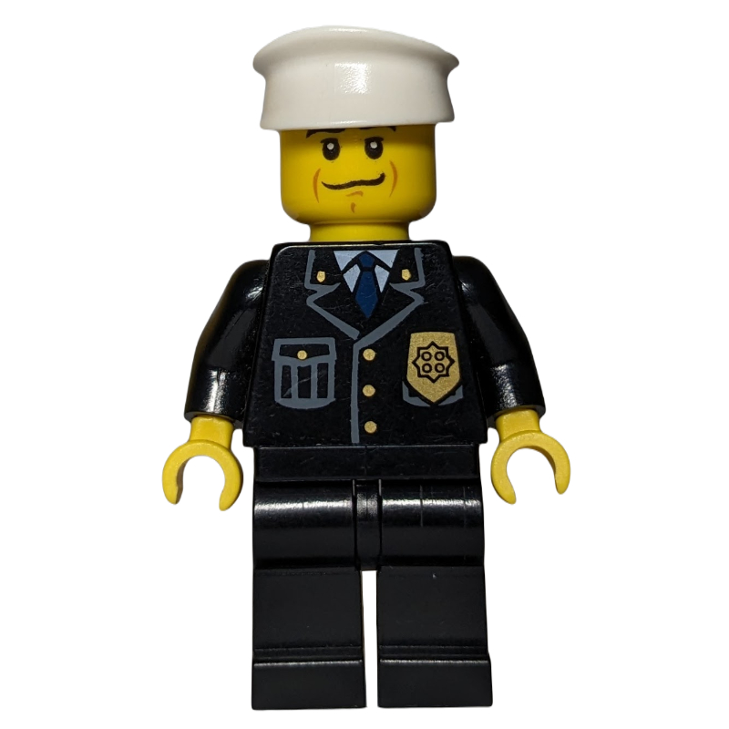 Policier, veste noire avec poche et badge, chapeau blanc (Policeman, Black Jacket with Pocket and Badge, White Hat)