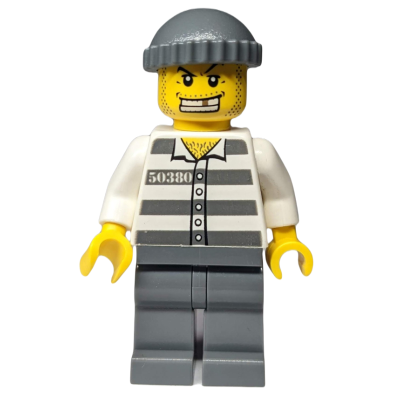 Bandit, chemise de prison avec # 50380, jambes gris bleuté foncé, chapeau gris bleuté foncé, dent d'or (Criminal, Prison Shirt with #50380, Dark Bluish Gray Legs, Dark Bluish Gray Hat, Gold Tooth)