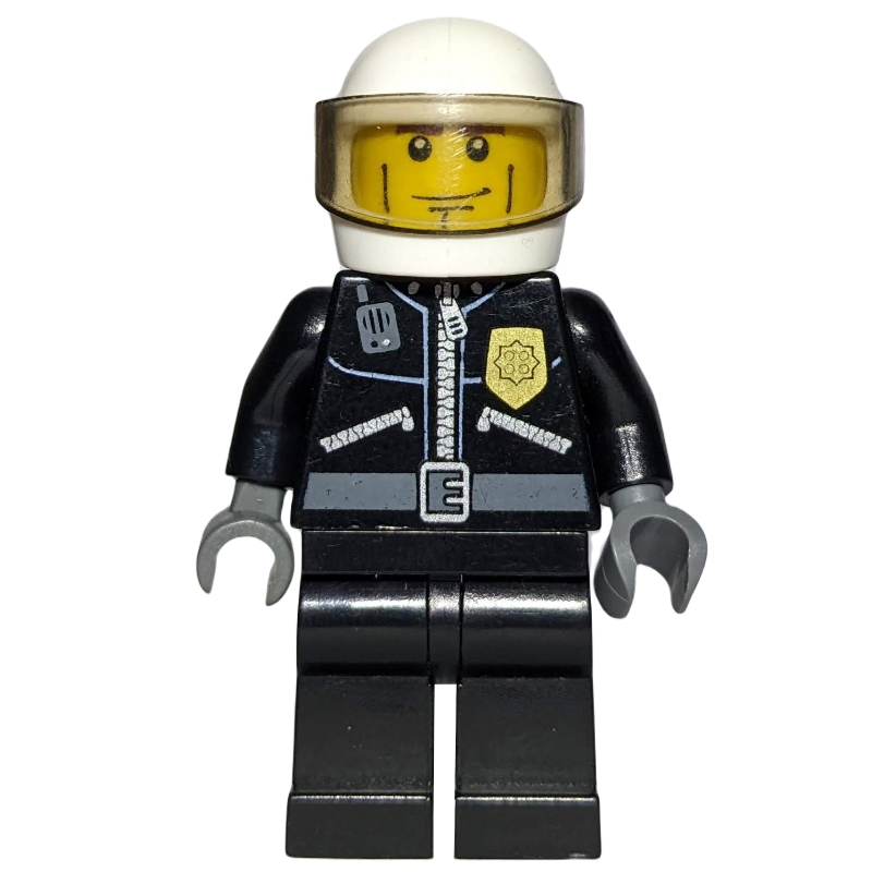 Policier, veste noire avec fermeture éclair, radio, badge et 'POLICE' au dos, casque blanc avec visière (Policeman, Black Jacket with Zipper, Radio, Badge, and 'POLICE' on Back, White Helmet with Visor)