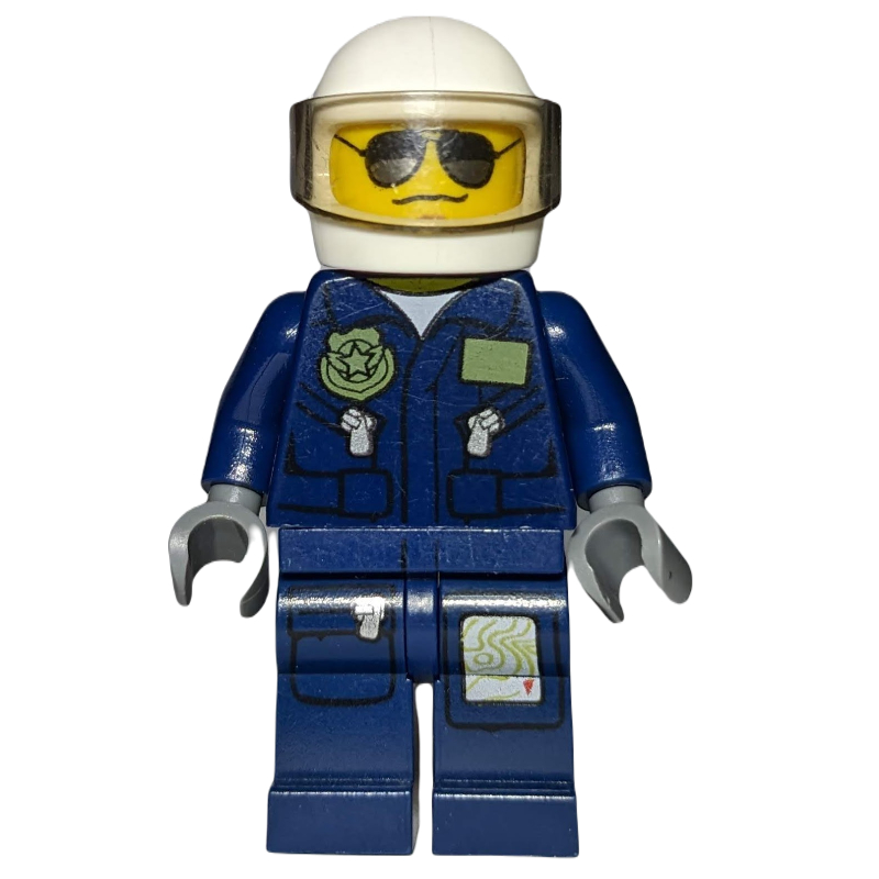 Policier, veste bleu foncé avec poches et badge, casque blanc avec visière, lunettes de soleil et bouche ondulée (Policeman, Dark Blue Jacket with Pockets and Badge, White Helmet with Visor, Sunglasses and Wavy Mouth)