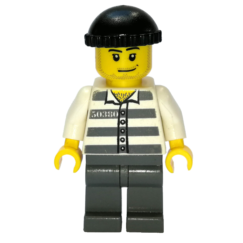 Bandit, chemise de prison avec #50380, jambes gris bleuté foncé, chapeau noir, barbe naissante (Criminal, Prison Shirt with #50380, Dark Bluish Gray Legs, Black Hat, Stubble)