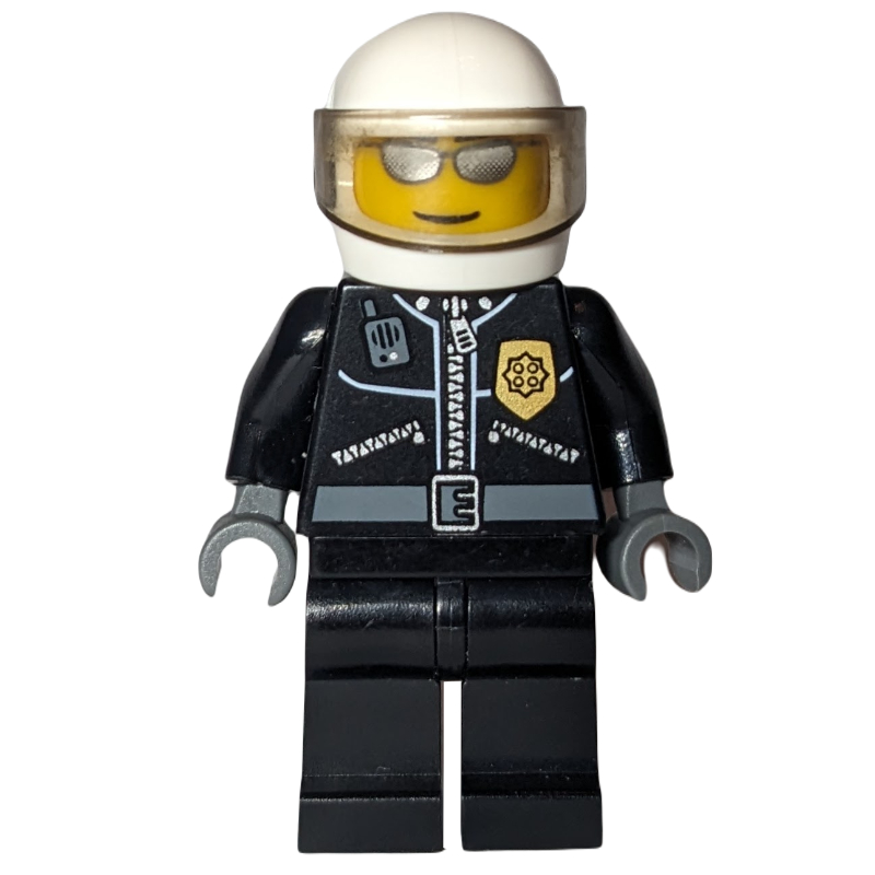 Policier, veste noire avec fermeture éclair, radio, badge et 'POLICE' au dos, casque blanc avec visière, lunettes de soleil argentées (Policeman, Black Jacket with Zipper, Radio, Badge, and 'POLICE' on Back, White Helmet with Visor, Silver Sunglasses)