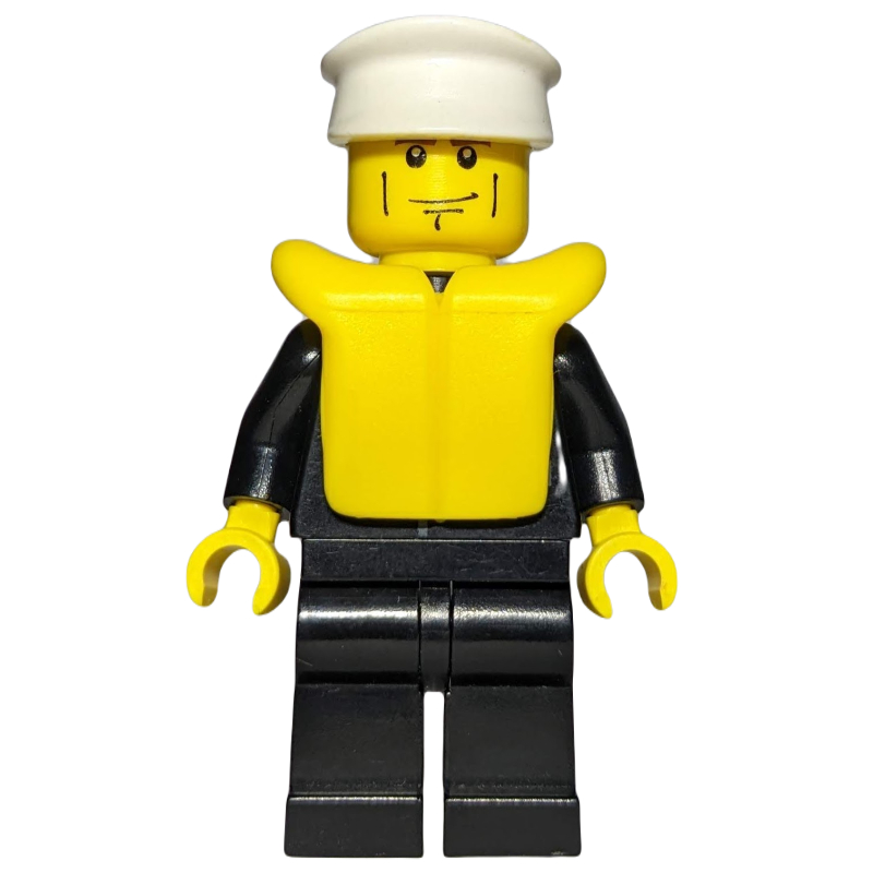Policier, costume noir avec badge, chapeau blanc, gilet de sauvetage jaune, traits sur les joues et sourcils bruns (Policeman, Black Suit with Badge, White Hat, Yellow Life Vest, Cheek Lines and Brown Eyebrows)