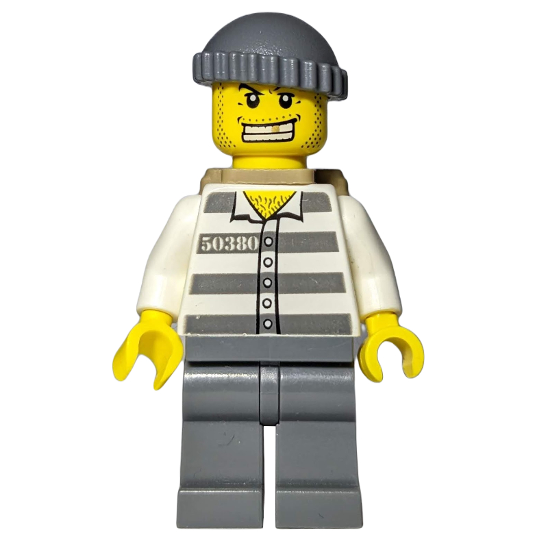 Bandit, chemise de prison avec # 50380, jambes gris bleuté foncé, chapeau gris bleuté foncé, sac à dos beige foncé, dent d'or (Criminal, Prison Shirt with #50380, Dark Bluish Gray Legs, Dark Bluish Gray Hat, Dark Tan Backpack, Gold Tooth)