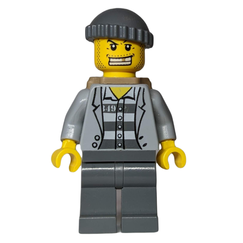 Bandit, ouvert veste gris bleuté clair sur la chemise de prison, chapeau gris bleuté foncé, sac à dos beige foncé, dent d'or (Criminal, Open Light Bluish Gray Jacket over Prison Shirt, Dark Bluish Gray Hat, Dark Tan Backpack, Gold Tooth)