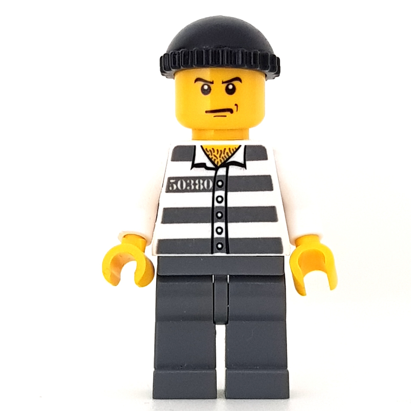 Criminel, chemise de prison avec #50380, jambes gris bleuâtre foncé, chapeau noir (Criminal, Prison Shirt with #50380, Dark Bluish Gray Legs, Black Hat)
