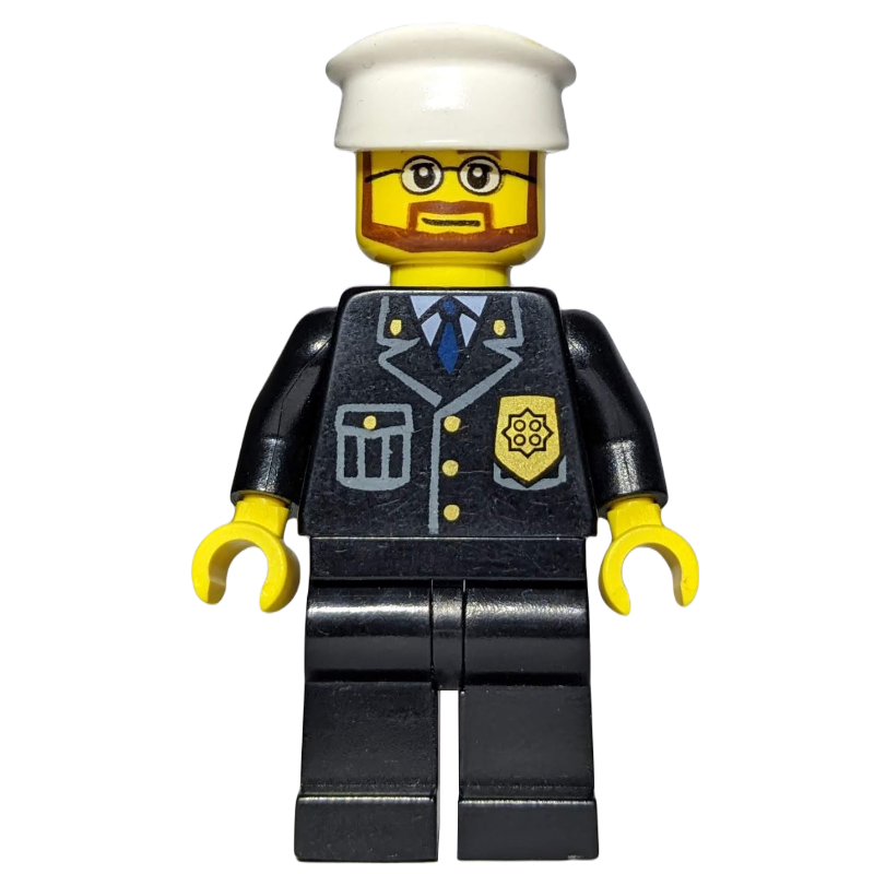 Policier, costume noir avec badge, chapeau blanc, barbe et lunettes (Policeman, Black Suit with Badge, White Hat, Beard and Glasses)