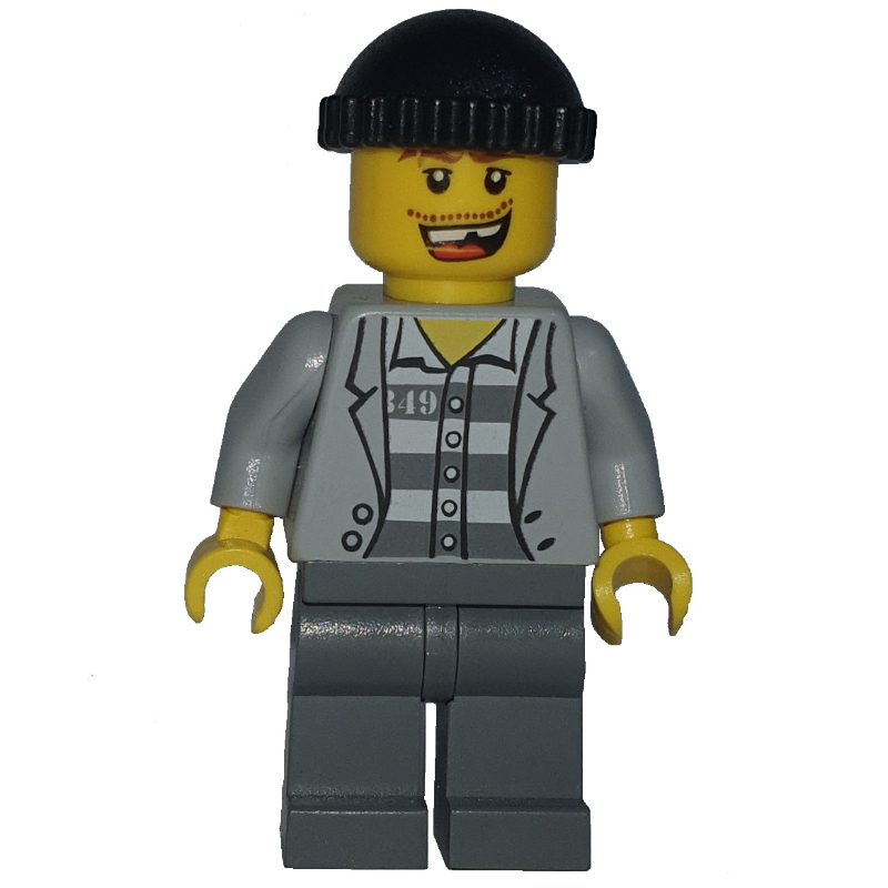 Criminel, ouvert veste gris bleuté clair sur la chemise de prison, jambes gris bleuté foncé, chapeau noir, dent manquante (3626b tête) (Criminal, Open Light Bluish Gray Jacket over Prison Shirt, Dark Bluish Gray Legs, Black Hat, Missing Tooth (3626b Head))