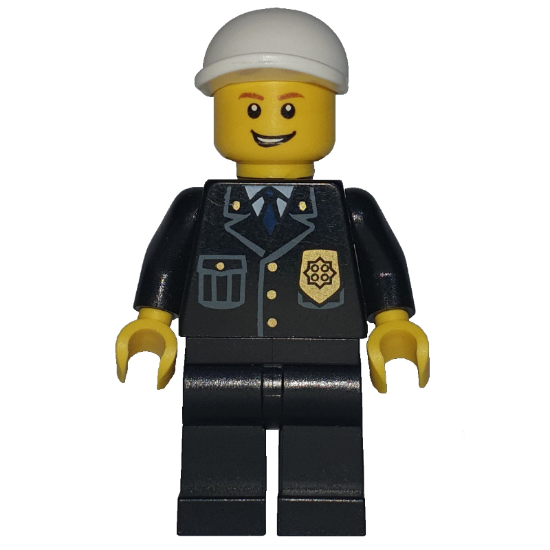 Policier, costume noir avec badge, casquette blanche, bouche ouverte (Policeman, Black Suit with Badge, White Cap, Open Mouth)