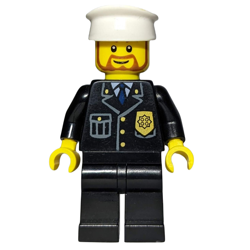 Policier, costume noir avec badge, chapeau blanc, barbe brune (Policeman, Black Suit with Badge, White Hat, Brown Beard)