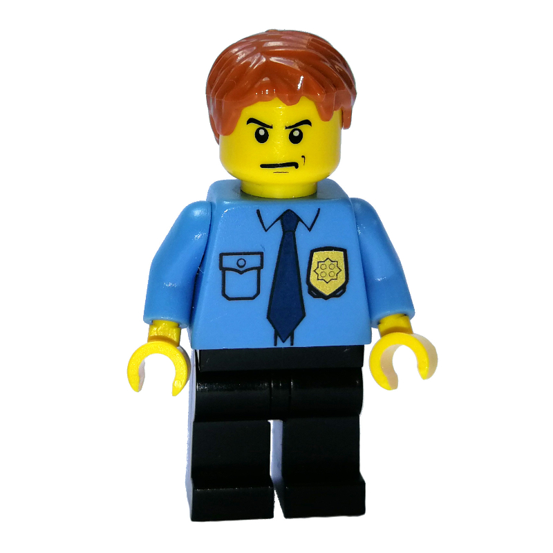 Policier, chemise bleu moyen avec insigne et cravate, jambes noires, cheveux orange foncé (Policeman, Medium Blue Shirt with Badge and Tie, Black Legs, Dark Orange Hair)
