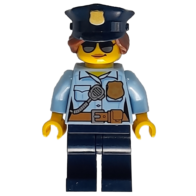 Policière, chemise bleu clair vif avec radio et badge, jambes bleu foncé, chapeau de police avec badge, lunettes de soleil (Policewoman, Bright Light Blue Shirt with Radio and Badge, Dark Blue Legs, Police Hat with Badge, Sunglasses)