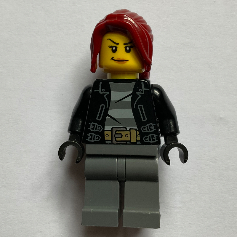 Bandit, femme, veste noire ouverte sur la chemise de prison, cheveux rouge foncé (Criminal, Woman, Open Black Jacket over Prison Shirt, Dark Red Hair)